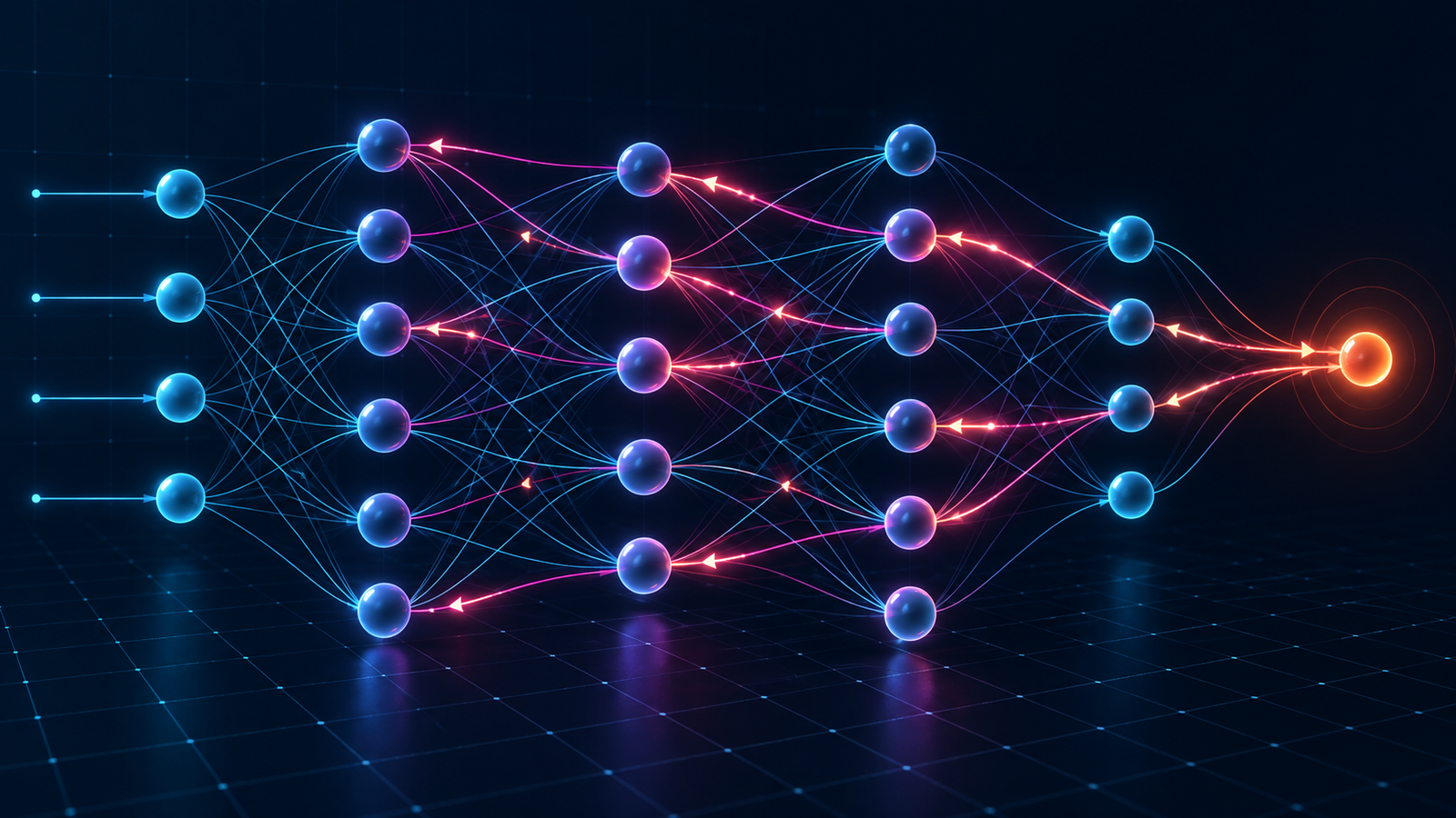 Error gradients flowing backward through the layers of a neural network
