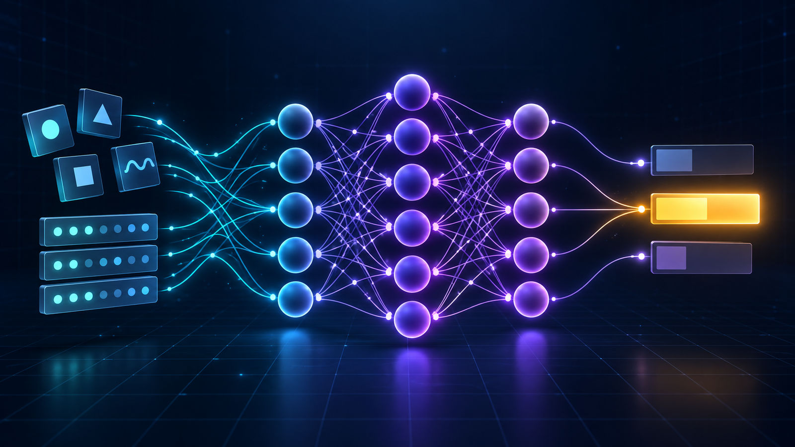Inputs moving through neural-network layers to produce output probabilities