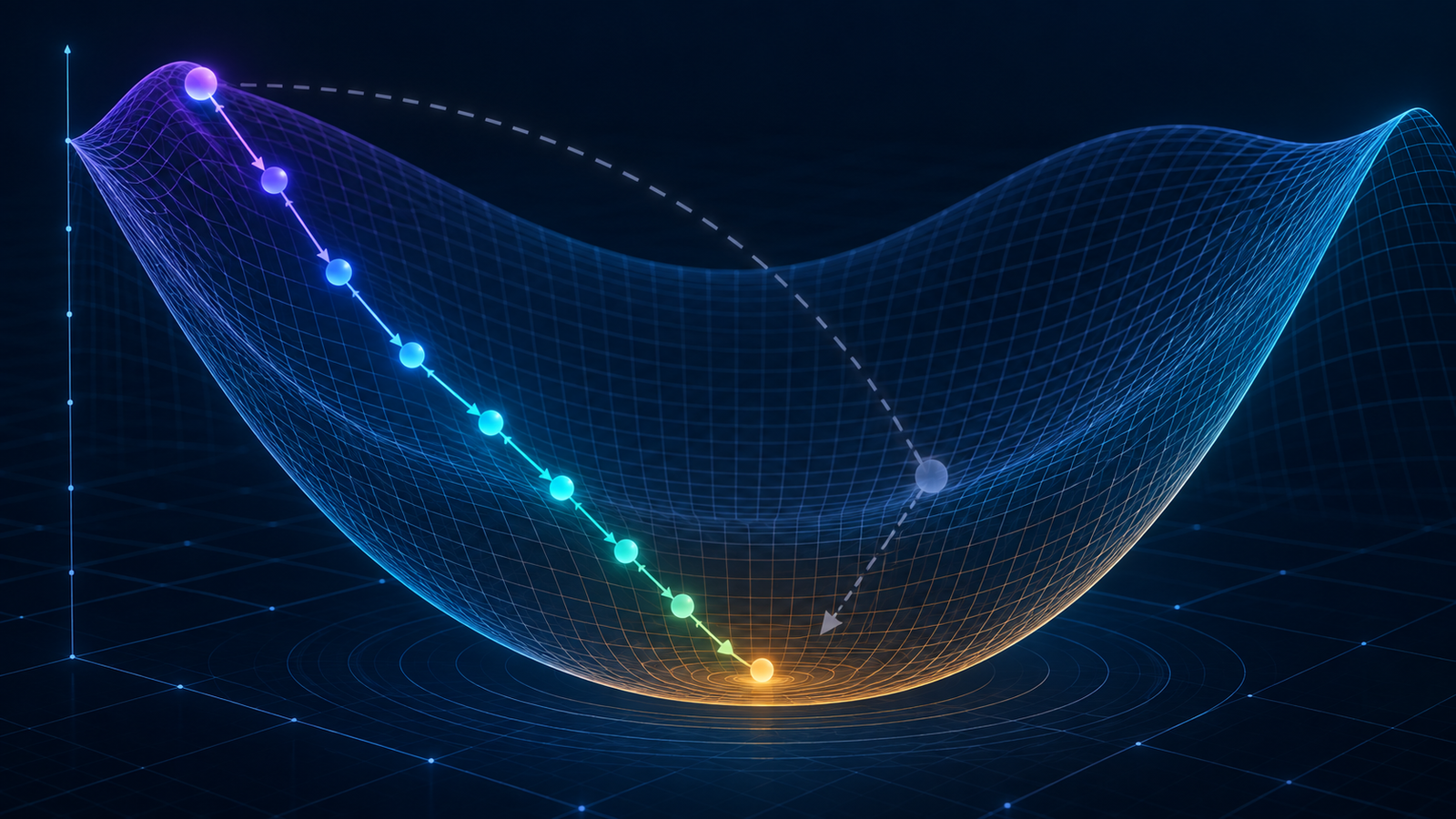 Successive gradient-descent steps moving down a loss surface toward a minimum